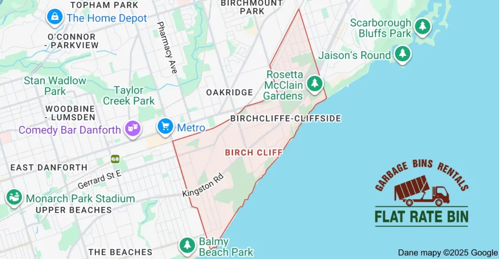 Service area map showing Flat Rate Bin garbage bin rental coverage in Birch Cliff Scarborough