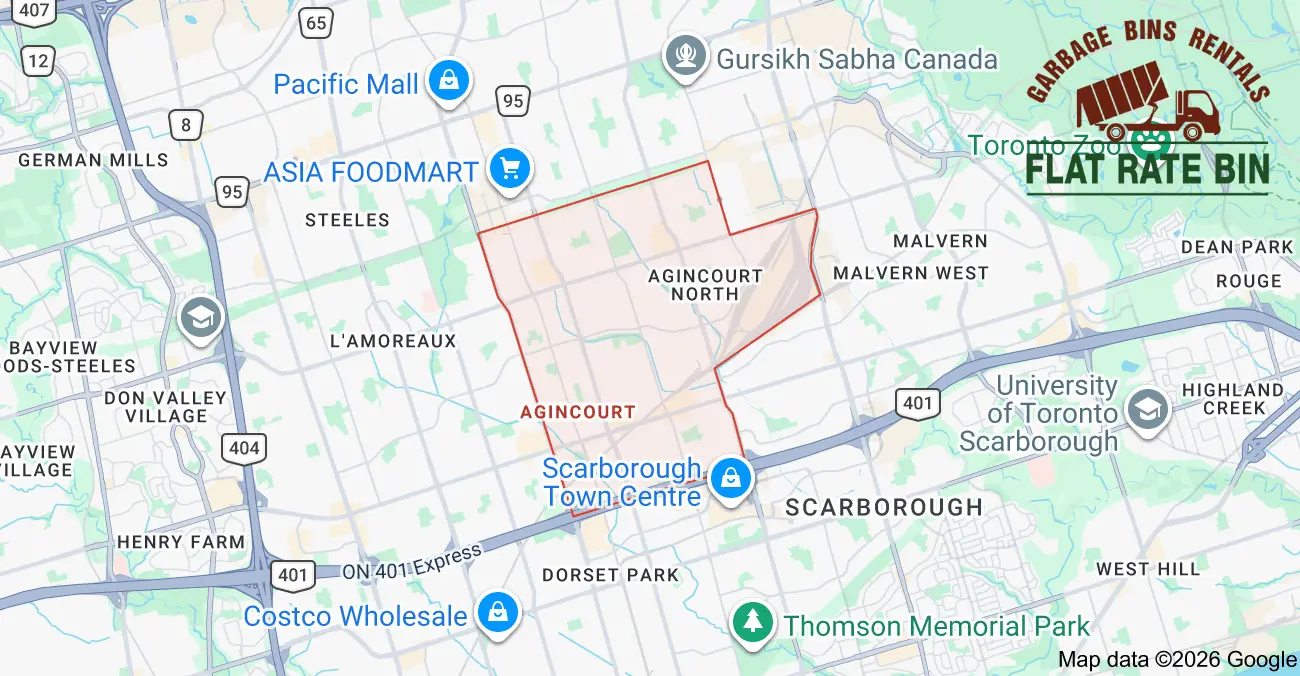 Garbage bin rental service area map showing Flat Rate Bin dumpster delivery coverage in Agincourt, Scarborough, Toronto