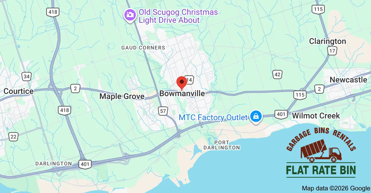 Garbage bin rental service area map showing Flat Rate Bin dumpster delivery coverage across Bowmanville, Ontario