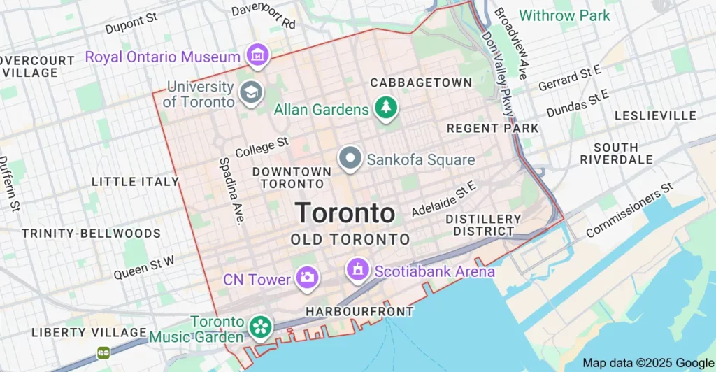 Dumpster rental service area map for Flat Rate Bin in Downtown Toronto.