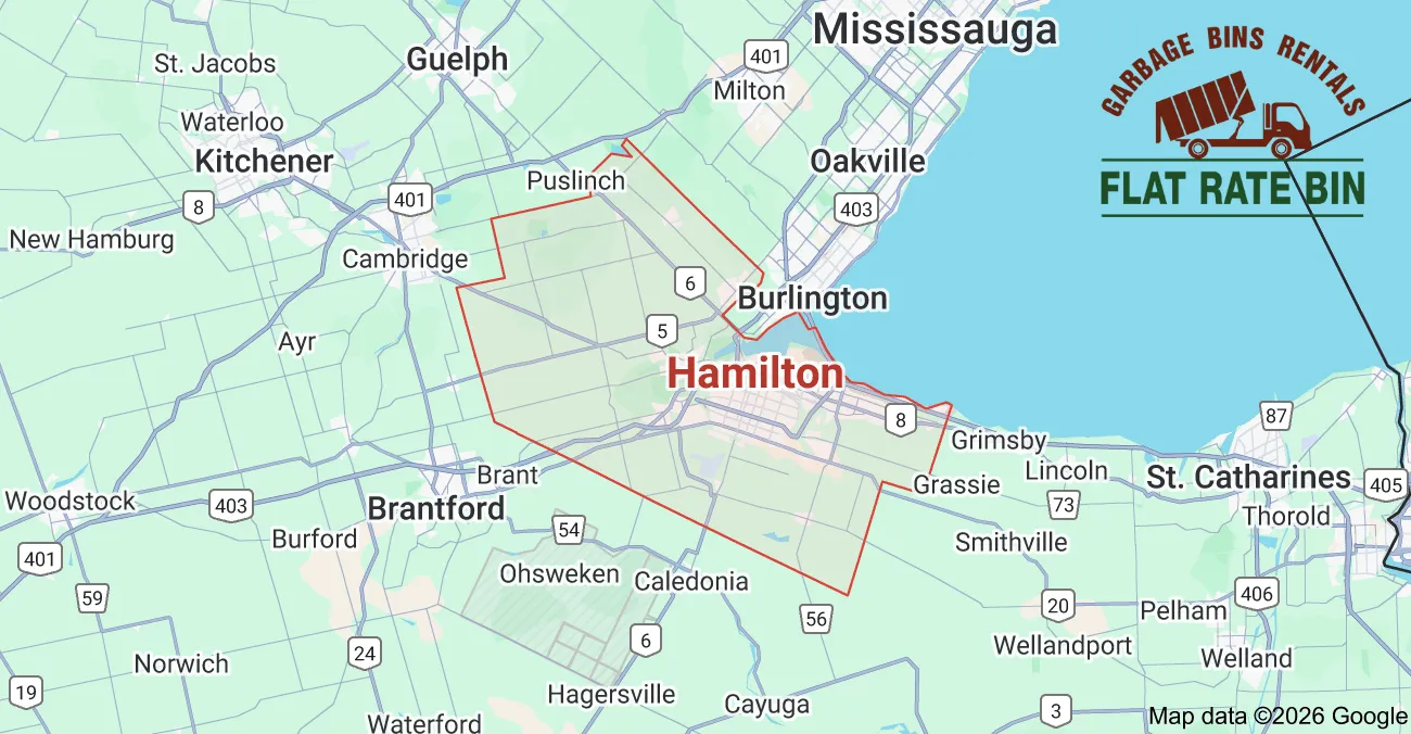 Garbage bin rental service area map showing Flat Rate Bin dumpster delivery coverage across Hamilton, Ontario