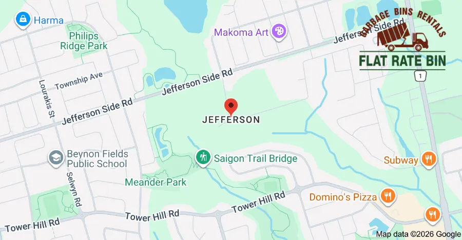Garbage bin rental service map for Jefferson Richmond Hill Ontario highlighting delivery zones