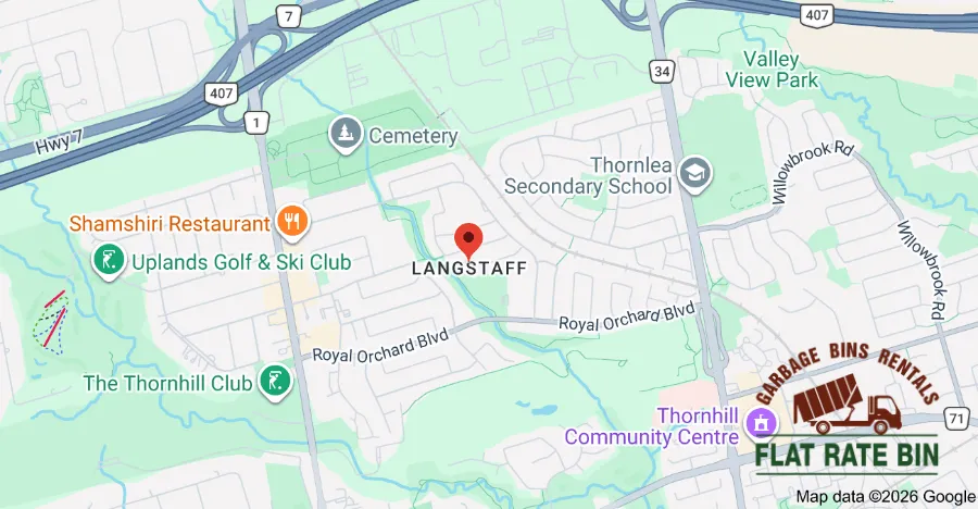 Dumpster rental service area map for Langstaff Richmond Hill Ontario showing delivery coverage