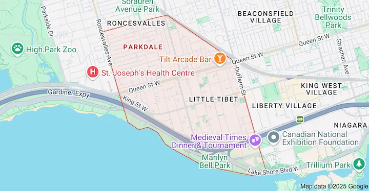 Service area map for garbage bin rental in Parkdale Toronto