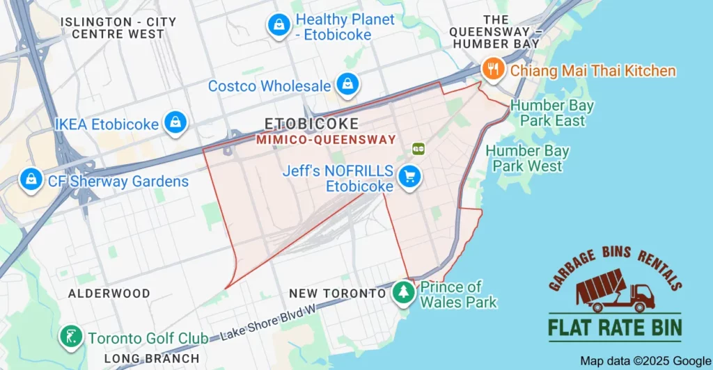 Dumpster rental service area map for Flat Rate Bin in Queensway, Etobicoke.