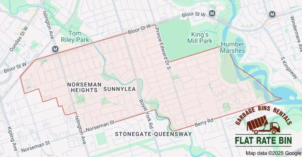 Dumpster rental service area map for Flat Rate Bin in Sunnylea, Etobicoke.