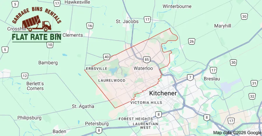 Garbage bin rental service area map showing Flat Rate Bin dumpster delivery coverage across Waterloo, Ontario