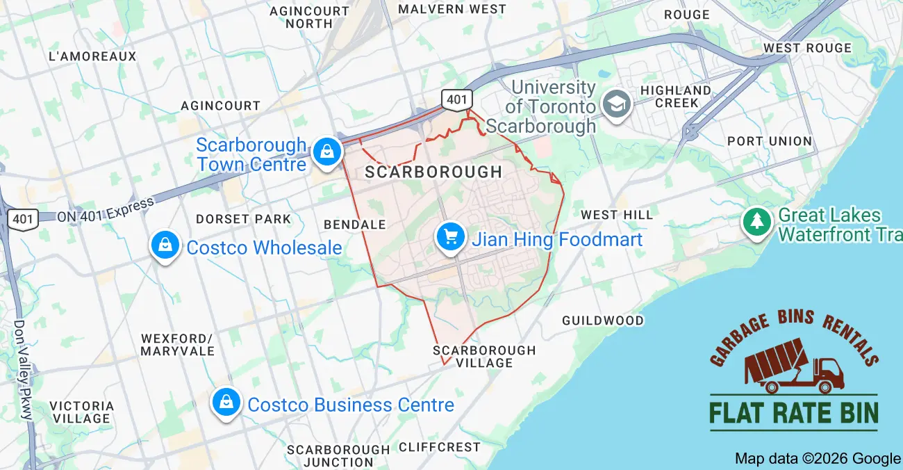 Garbage bin rental service area map showing Flat Rate Bin dumpster delivery coverage in Woburn, Scarborough, Toronto