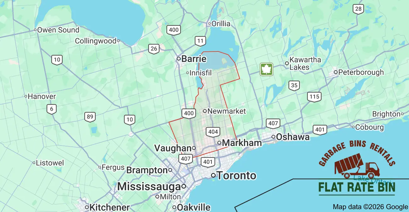 Garbage bin rental service area map showing Flat Rate Bin dumpster delivery coverage across York Region, Ontario