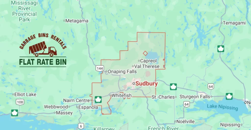 Map showing the Greater Sudbury service area for Flat Rate Bin, including Sudbury, Capreol, Val Therese, Whitefish, Onaping Falls, and nearby communities.