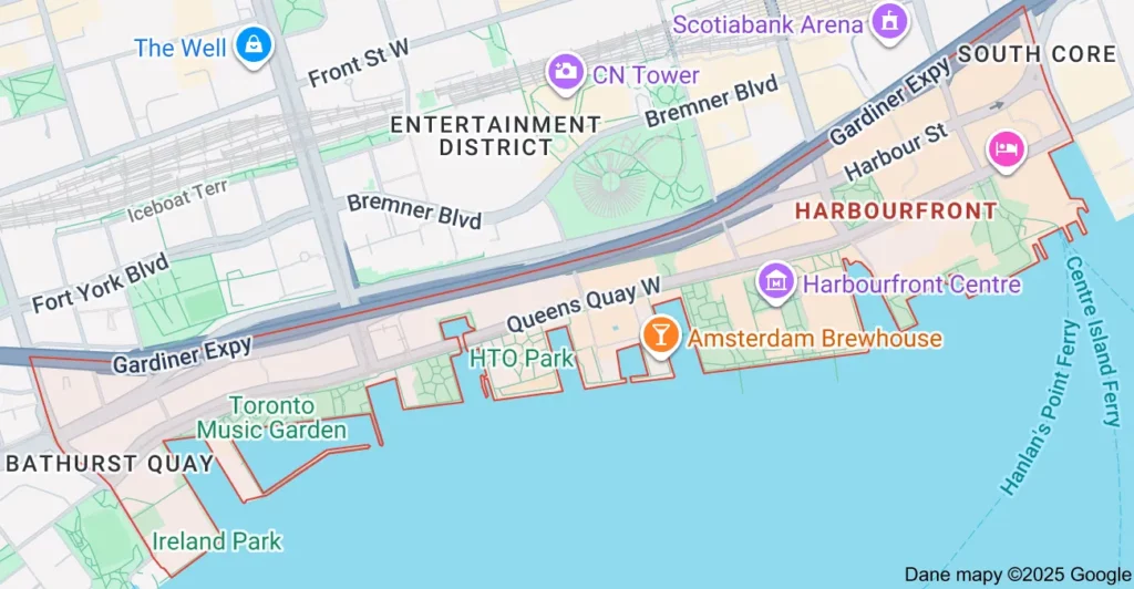 Service area map showing Flat Rate Bin garbage bin rental coverage in Harbourfront Toronto