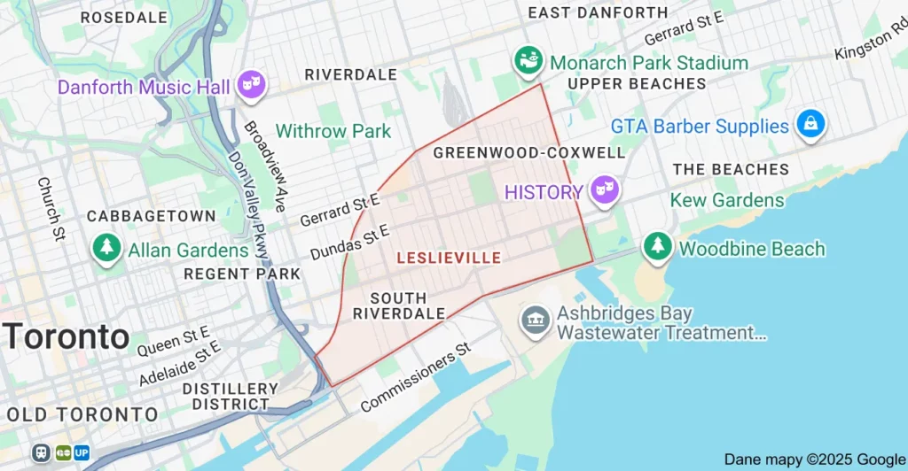 Service area map showing Flat Rate Bin garbage bin rental coverage in Leslieville Toronto