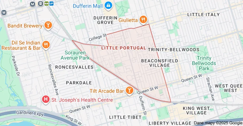 Service area map showing Flat Rate Bin garbage bin rental coverage in Little Portugal Toronto