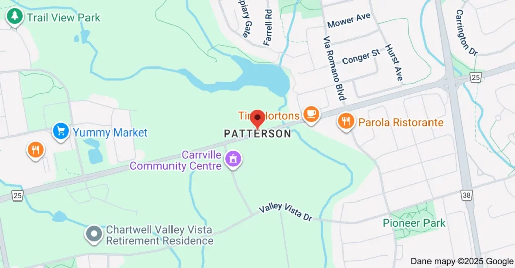 Service area map showing garbage bin rental coverage across Patterson Vaughan, including Dufferin Street, Bathurst Street, and Rutherford Road.