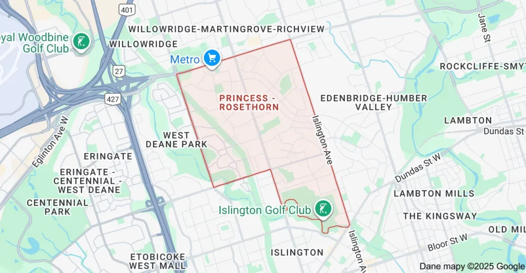 Service area map showing Flat Rate Bin garbage bin rental coverage in Princess–Rosethorn Etobicoke