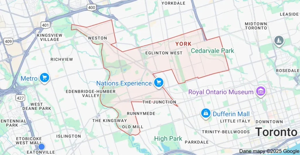 Service area map showing garbage bin rental coverage across York Toronto, including Weston, Keelesdale, Mount Dennis, and Oakwood Village.